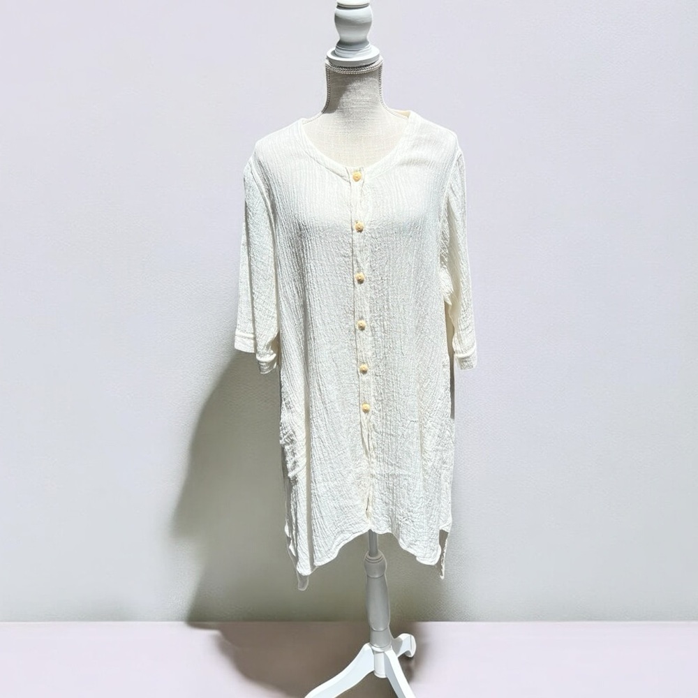 🌻Cheyenne Crepe Ivory Lagenlook Minimalist Linen Short Sleeve Tunic Size S/M